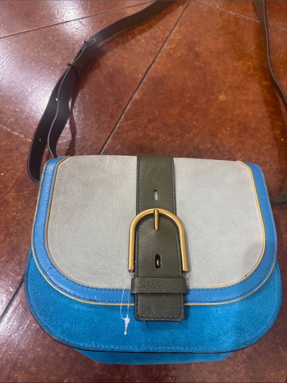 Blue and Gray Suede Crossbody Bag with Olive Strap